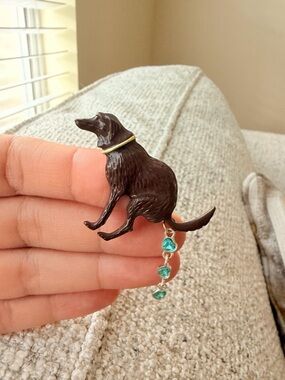 Dog Pendant Brooch with Teal Gem Dangles - Pooping dog